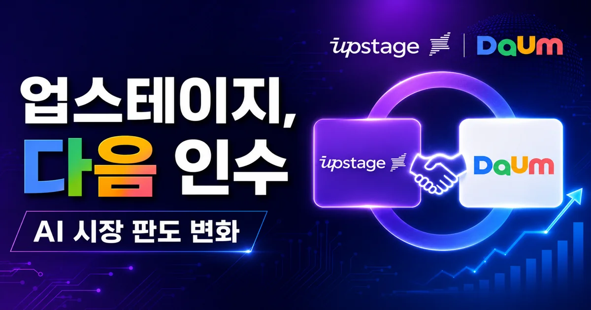 짙은 네이비-퍼플 배경 위에 업스테이지와 다음 로고가 악수하는 인포그래픽과 '업스테이지, 다음 인수 / AI 시장 판도 변화' 한국어 카피