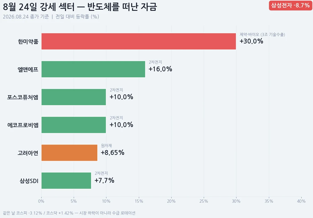8월 24일 강세 섹터를 보여주는 가로 막대 차트. 한미약품 +30%, 엘앤에프 +16%, 포스코퓨처엠·에코프로비엠 각 +10%, 고려아연 +8.65%, 삼성SDI +7.7%가 표시되고 우측 상단에 삼성전자 -8.7% 배지가 대비된 인포그래픽