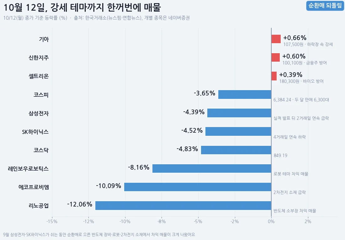 10월 12일 코스피·코스닥과 주요 종목 등락률 막대 차트