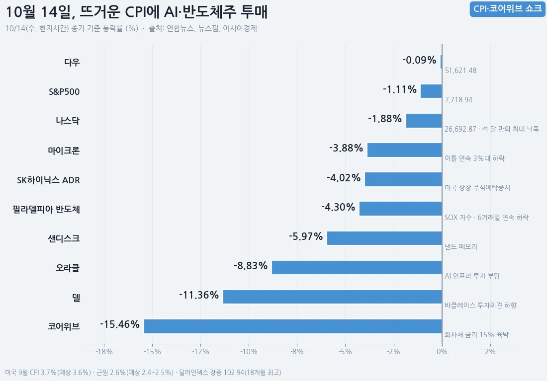 10월 14일 미국 AI·반도체주 등락률 막대그래프