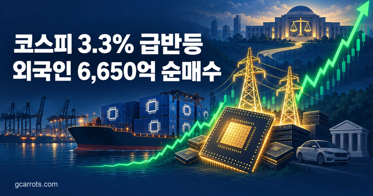 짙은 남색 배경에 '코스피 3.3% 급반등', '외국인 6,650억 순매수' 문구와 초록색으로 치솟는 지수 그래프, 빛나는 반도체 칩과 송전탑, 칩 상자를 실은 컨테이너선, 언덕 위 저울이 그려진 중앙은행 건물이 담긴 커버 이미지