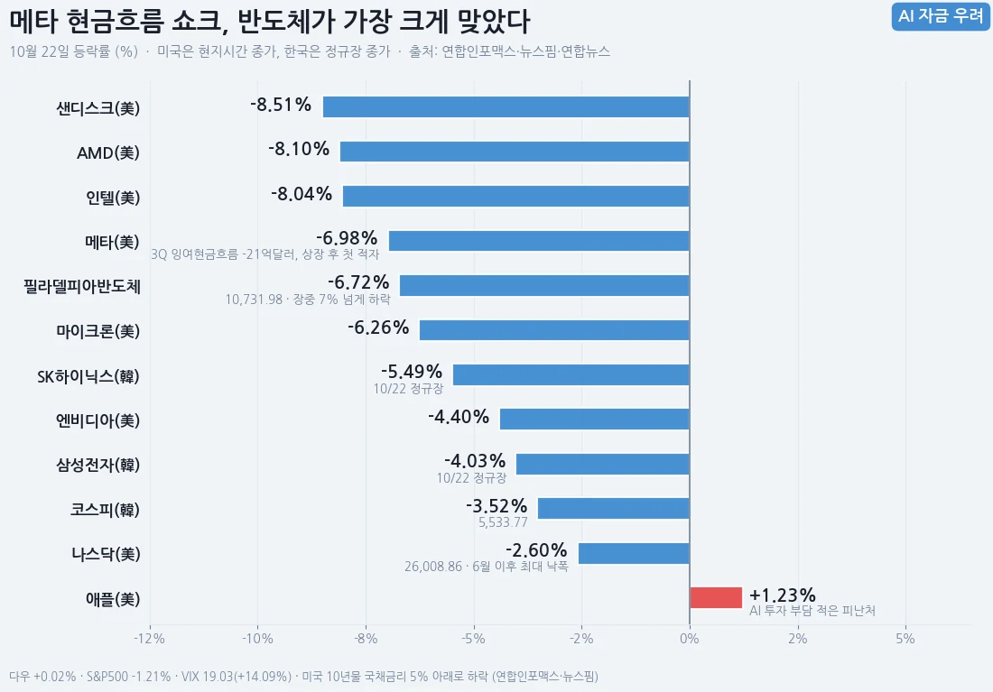 10월 22일 메타 -6.98%, 필라델피아 반도체지수 -6.72%, 샌디스크 -8.51%, AMD -8.10%, SK하이닉스 -5.49%, 삼성전자 -4.03%, 코스피 -3.52% 등 반도체·기술주가 크게 내리고 애플만 +1.23% 오른 등락률 막대 그래프