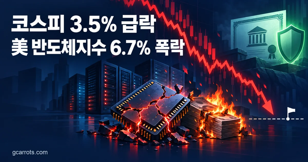 짙은 남색 배경에 '코스피 3.5% 급락', '美 반도체지수 6.7% 폭락' 문구와 아래로 꺾이는 빨간 지수 화살표, 금이 간 채 빛나는 반도체 칩과 불타는 지폐 다발, 서버 랙, 오른쪽 위 국채 증서와 초록 방패, 깃발이 꽂힌 점선 지지선이 담긴 커버 이미지