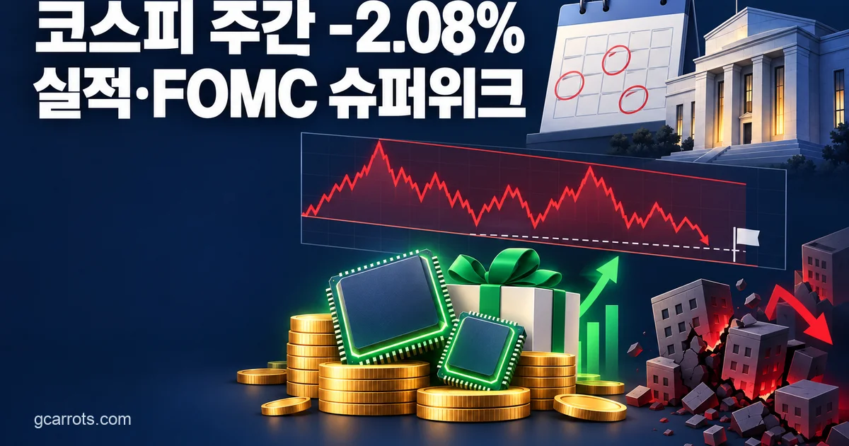 짙은 남색 배경에 '코스피 주간 -2.08%', '실적·FOMC 슈퍼위크' 문구와 박스 안에서 오르내리다 내려가는 빨간 지수선과 깃발이 꽂힌 점선 지지선, 금화 더미 위 초록빛 반도체 칩과 초록 리본 선물상자, 오른쪽 아래 무너지는 작은 건물들, 오른쪽 위 날짜에 빨간 동그라미가 그려진 달력과 중앙은행 건물이 담긴 커버 이미지