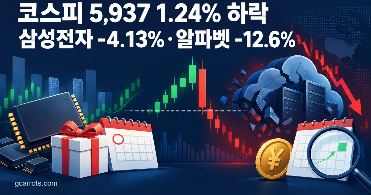짙은 남색 배경에 '코스피 5,937 1.24% 하락', '삼성전자 -4.13%·알파벳 -12.6%' 문구와 초록 캔들로 오르다 점선 아래로 빨갛게 꺾이는 차트, 왼쪽에 메모리 칩·리본 선물상자·동그라미 표시 달력, 오른쪽에 금이 간 구름 속 서버와 빨간 하락 화살표, 엔화 동전과 돋보기로 비춘 달력이 담긴 커버 이미지